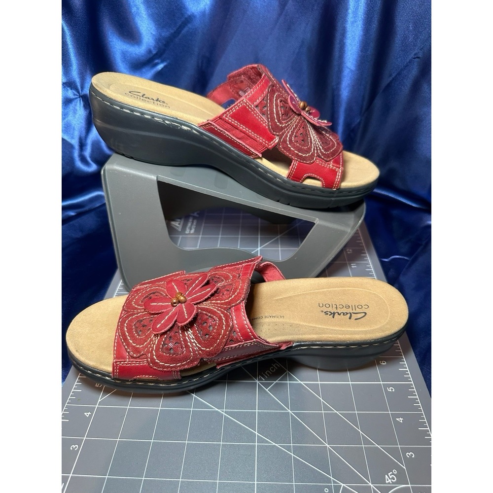 Clarks Merliah 2 Belle Flower Sandals Womens Size 10M Red Leather Wedge Shoes